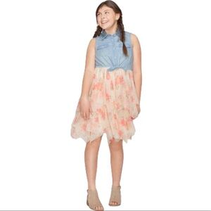 JUSTICE Jean Chambray Floral Tulle Tiered Mixed Media Dress Blue Girls Age 10Y